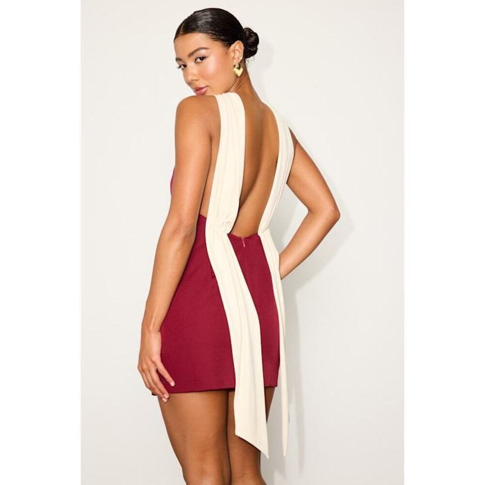 Lulus Sandri Wine Red And Cream Backless Bodycon Mini Dress - Size M